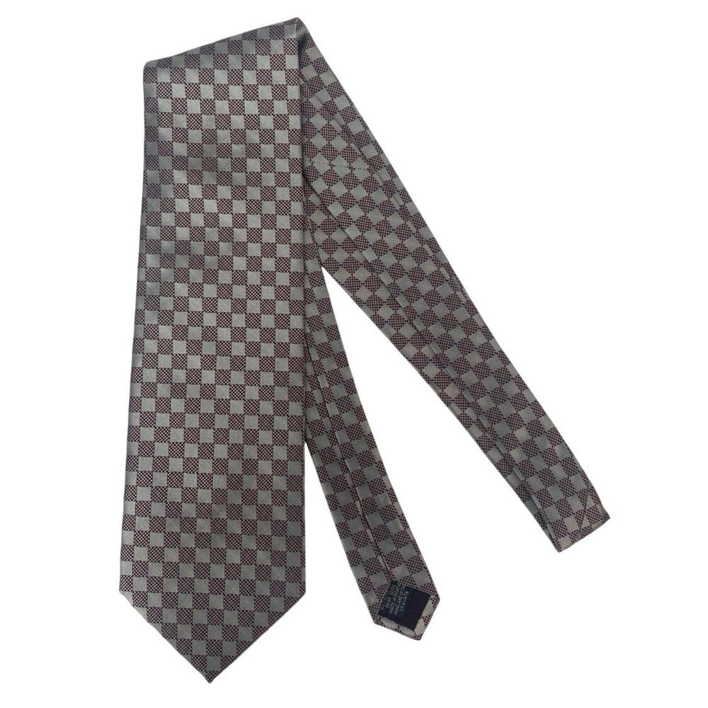 SOUVENIR MENS TIE Maroon Gray Squares NWT 100% Silk 55”x4”